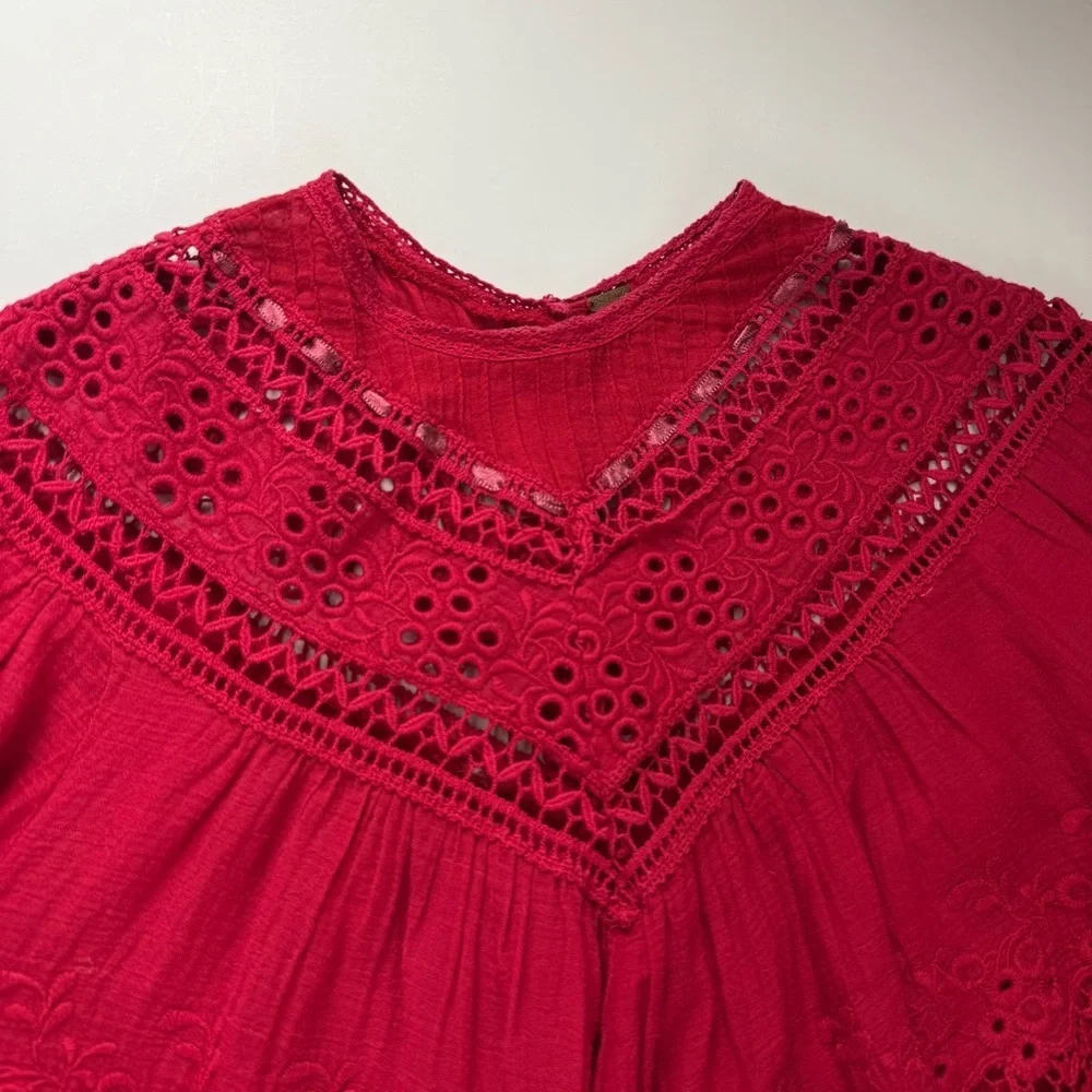 Free People Abigail Top Womens Size XS Red Eyelet Victorian Shirt Back Button